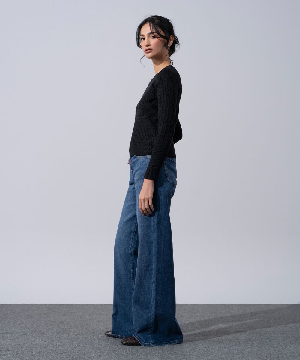 Women's Western Wear Black Textured Cable-Knit Jumper