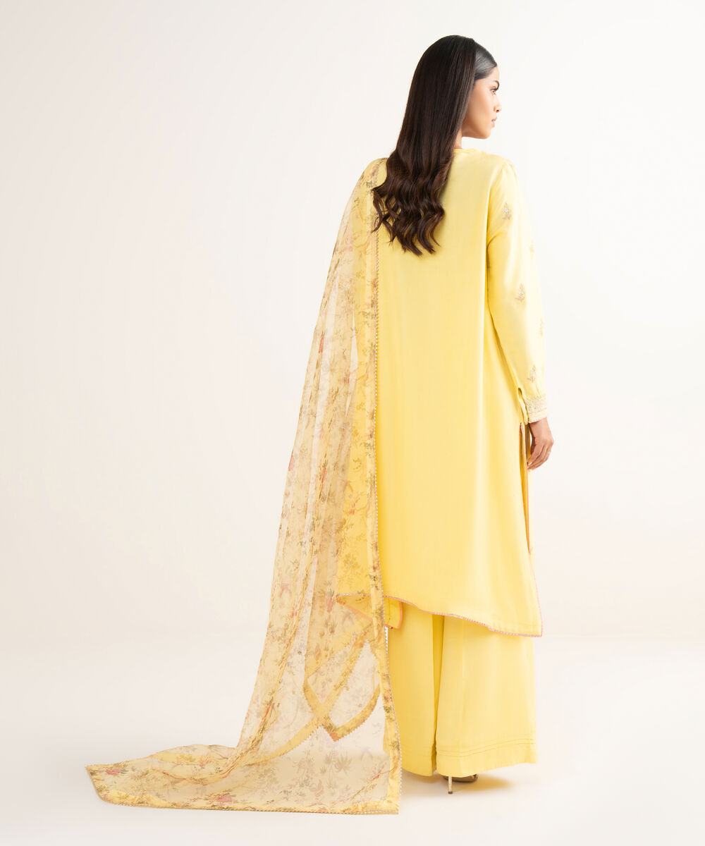 Women's RTW Raw Silk Yellow Embroidered 3 Piece Suit