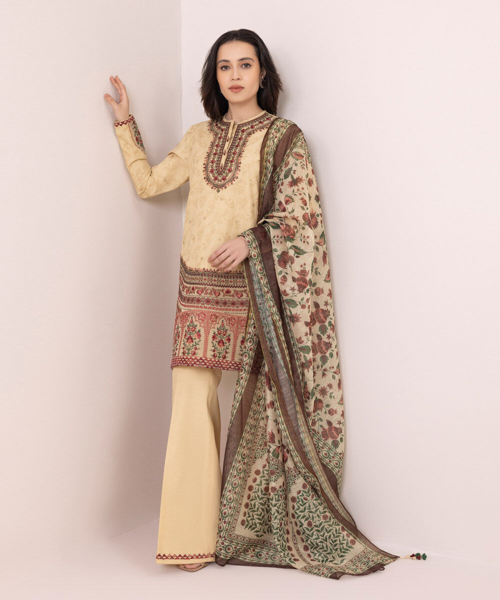 Women's Unstitched Raw Silk  Embroidered Pale Yellow  3 Piece Suit