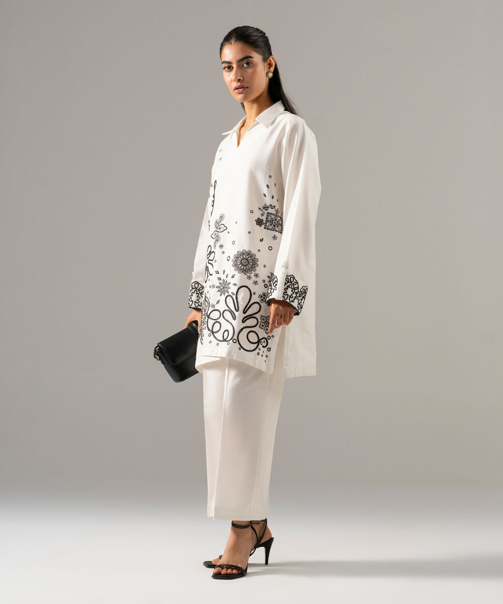 Women's RTW Cotton Linen Embroidered Off White 2 Piece Suit