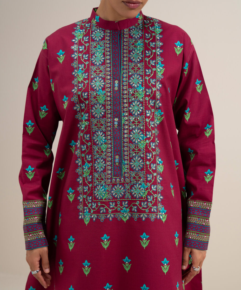 Women's Unstitched Lawn Embroidered Red 2 Piece Suit