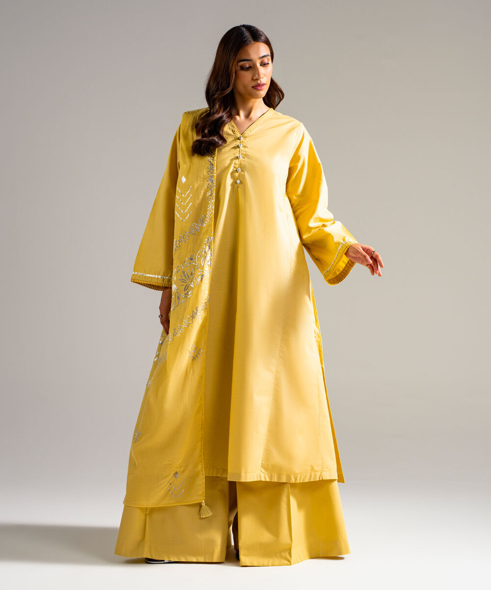 Women's RTW Slub Lawn Solid Yellow 3 Piece Suit