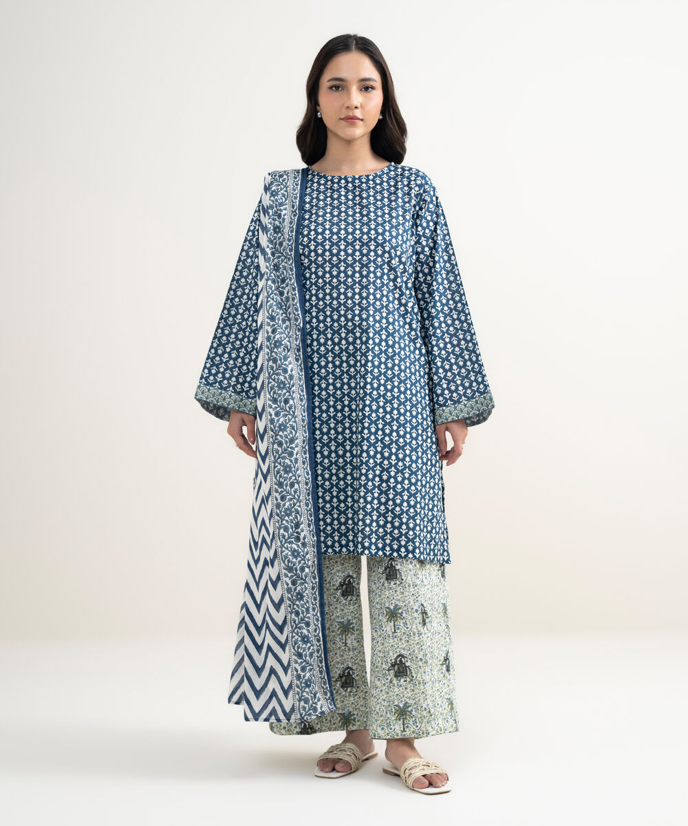 Women's RTW Lawn Printed Blue Straight Shirt