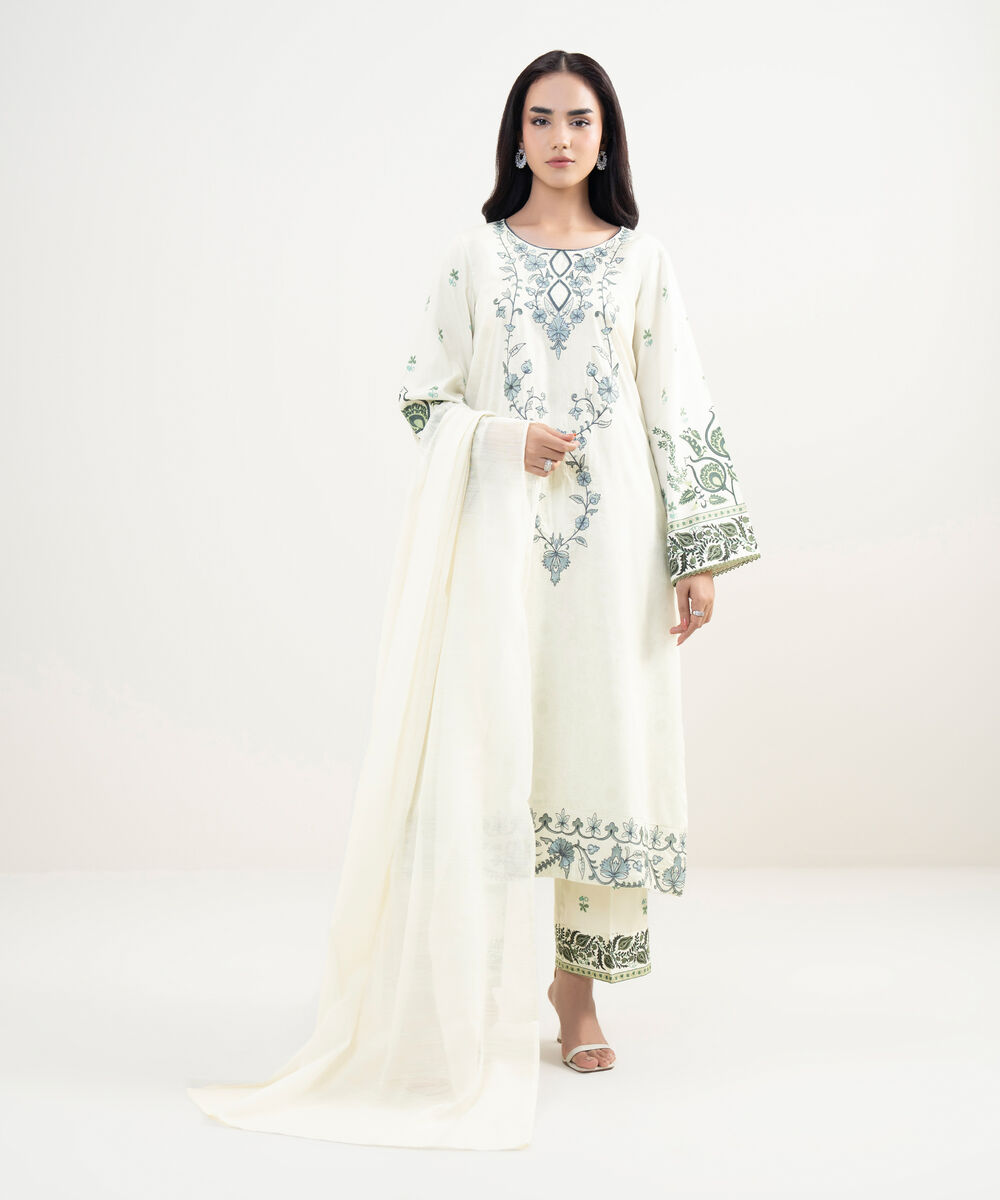 Women's RTW Cotton Satin Embroidered White A-Line Shirt