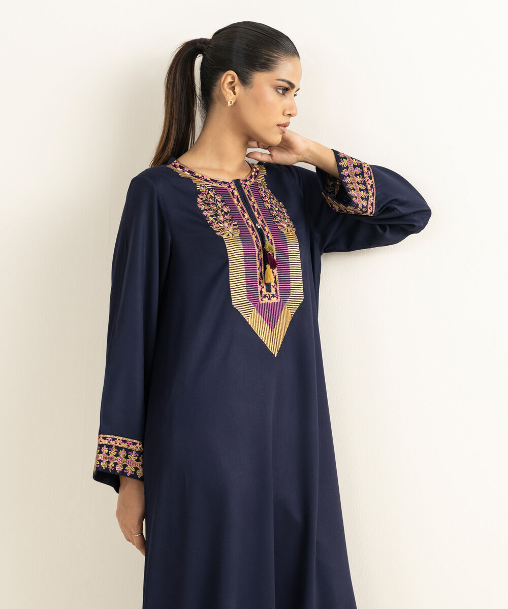 Women's RTW Linen Viscose Embroidered Blue Straight Shirt