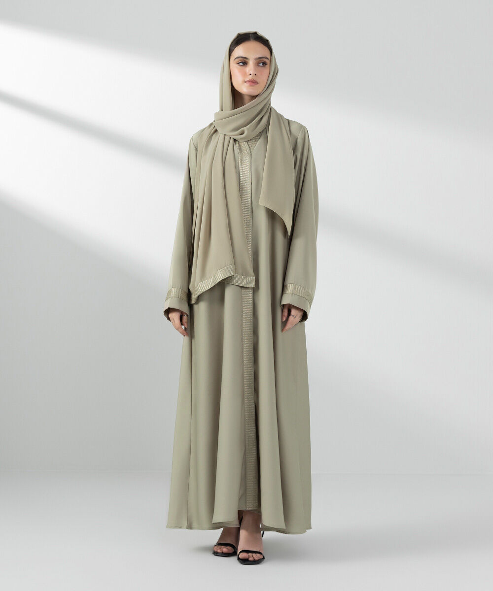 Woman - Green Embroidered Button Through Abaya Set