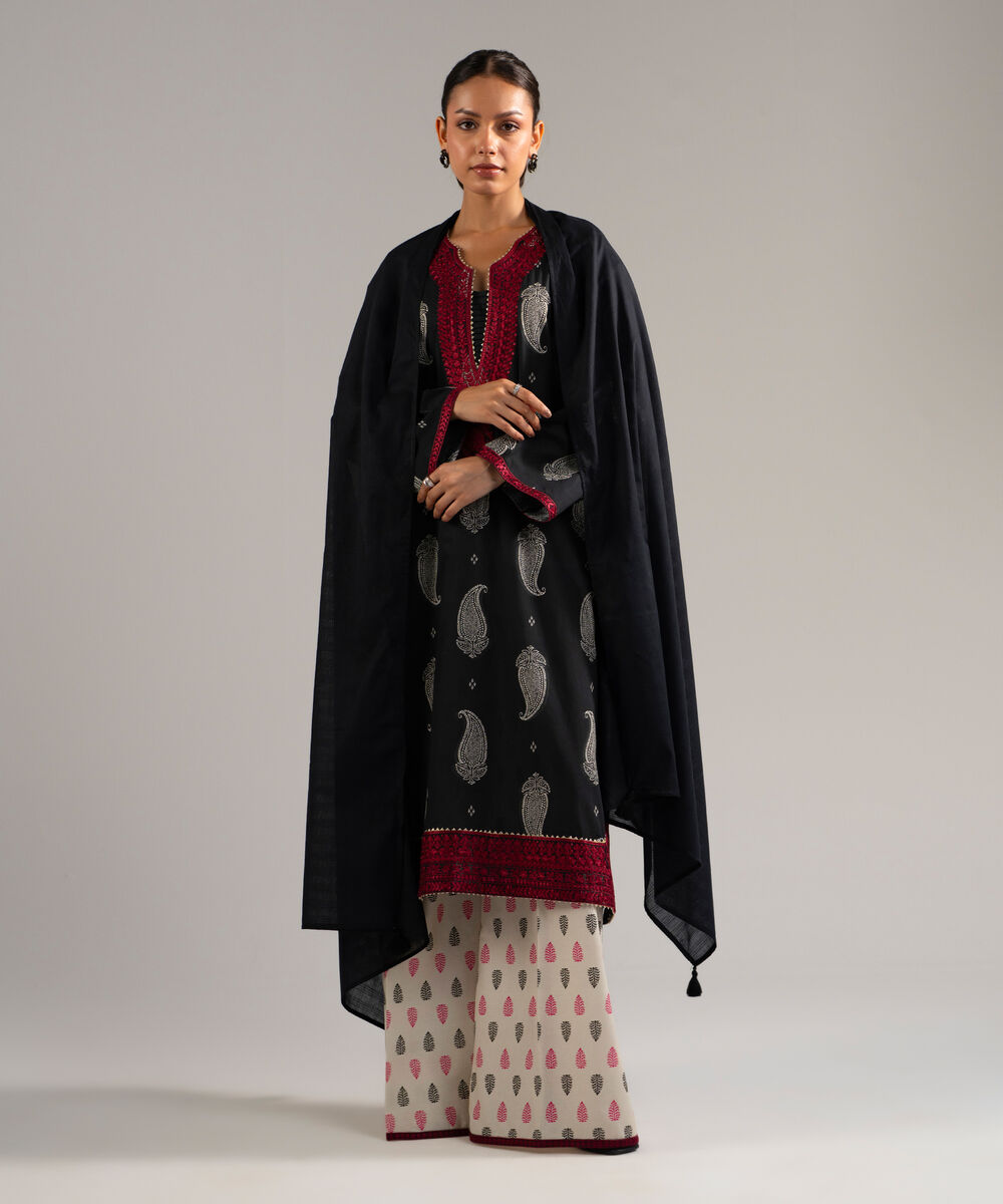 Women's RTW Lawn Embroidered Black 3 Piece Suit