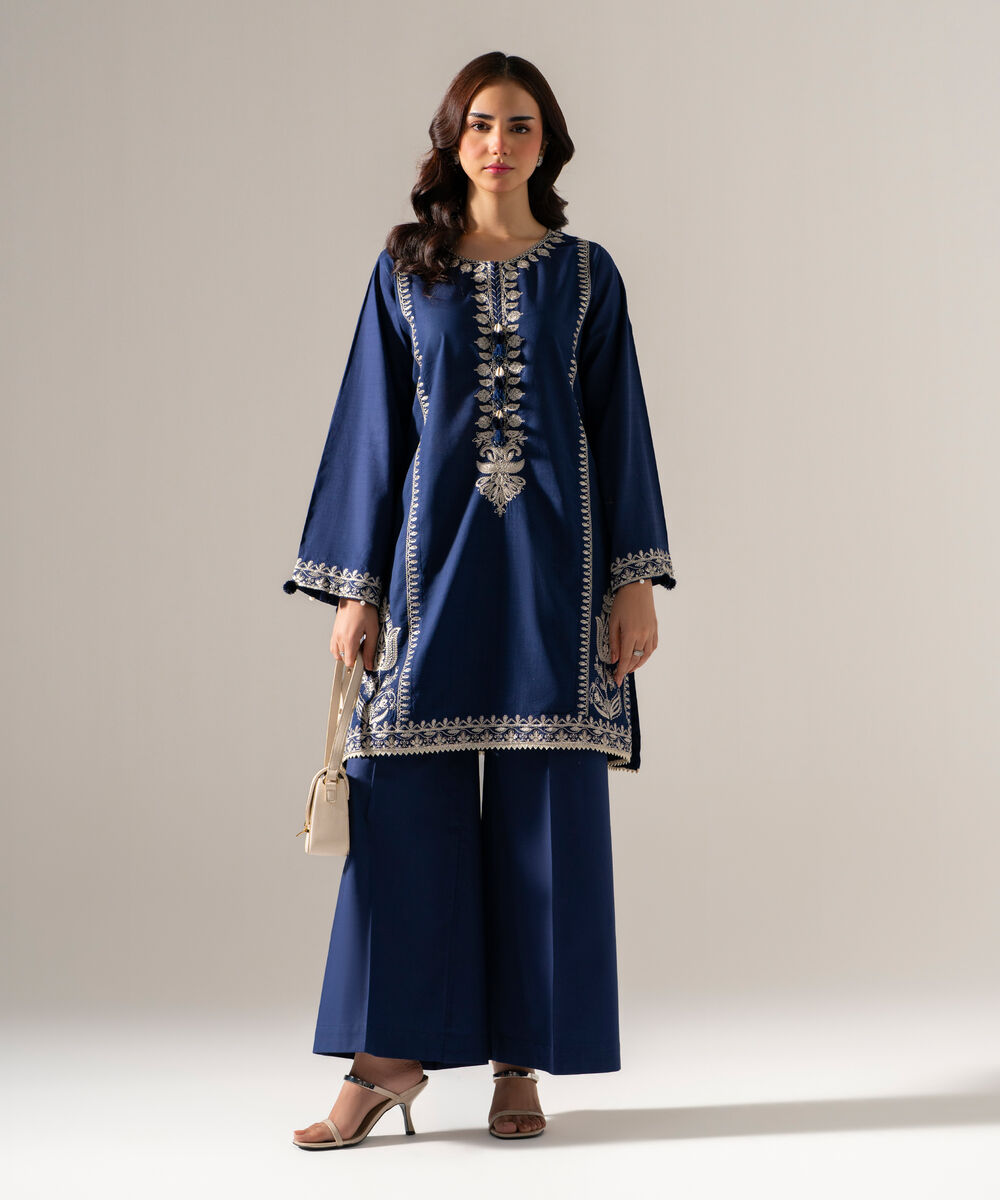 Women's RTW Dobby Solid Embroidered Blue Straight Shirt