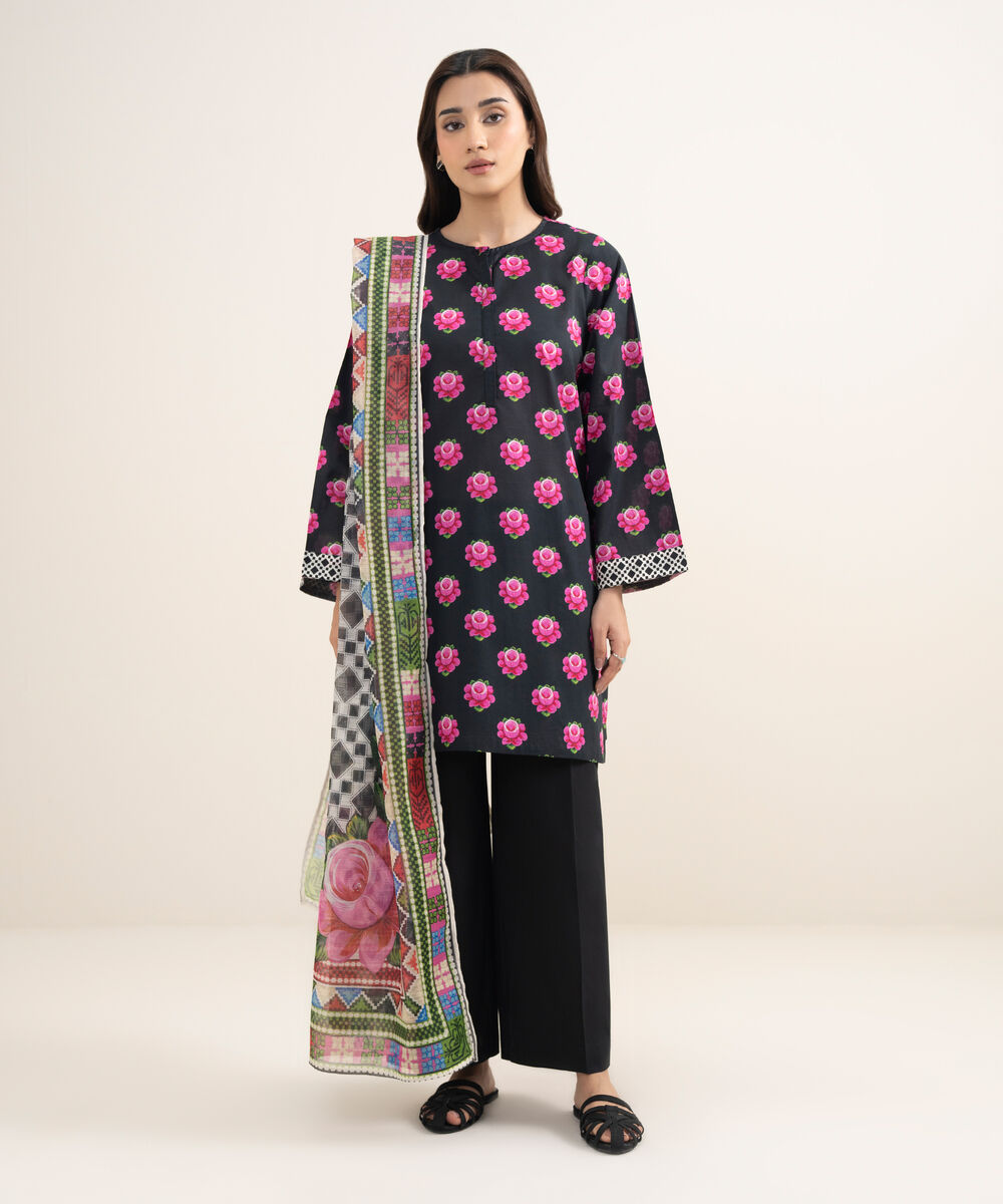 Women's RTW Slub Lawn Printed Black 2 Piece Suit