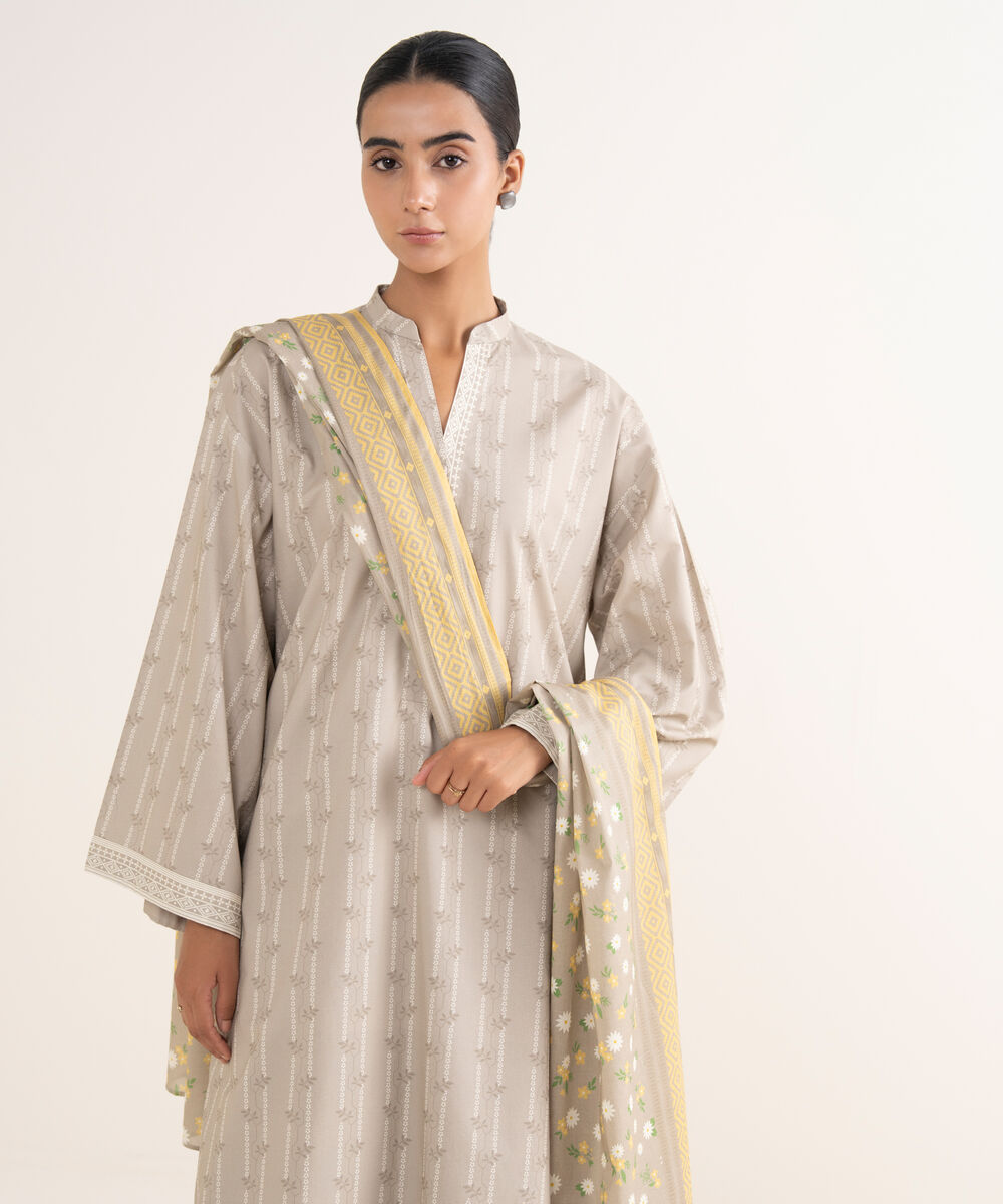 Women's Unstitched Cotton Printed Grey 3 Piece Suit