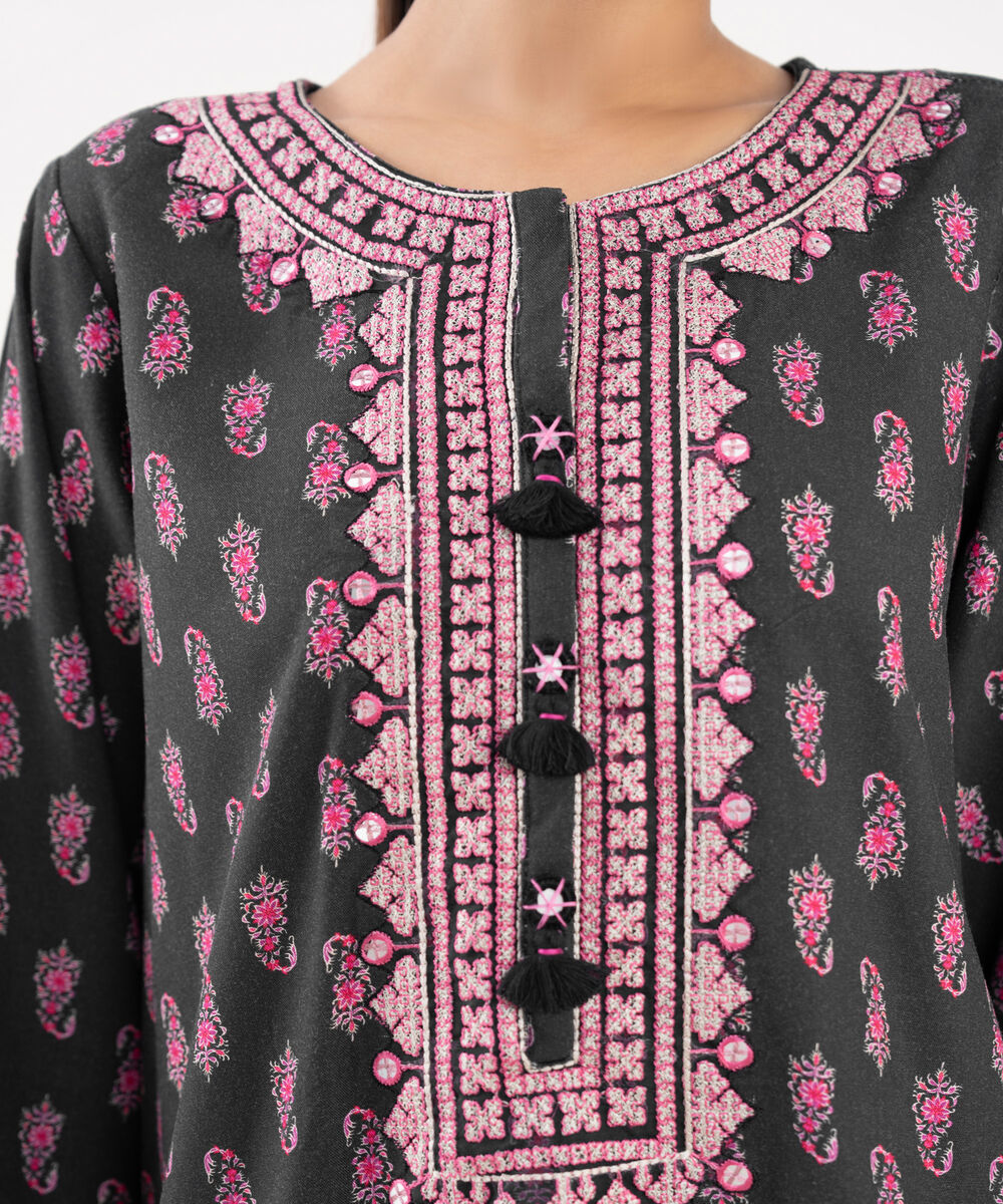 Women's RTW Lawn Viscose Black Embroidered A-Line Shirt