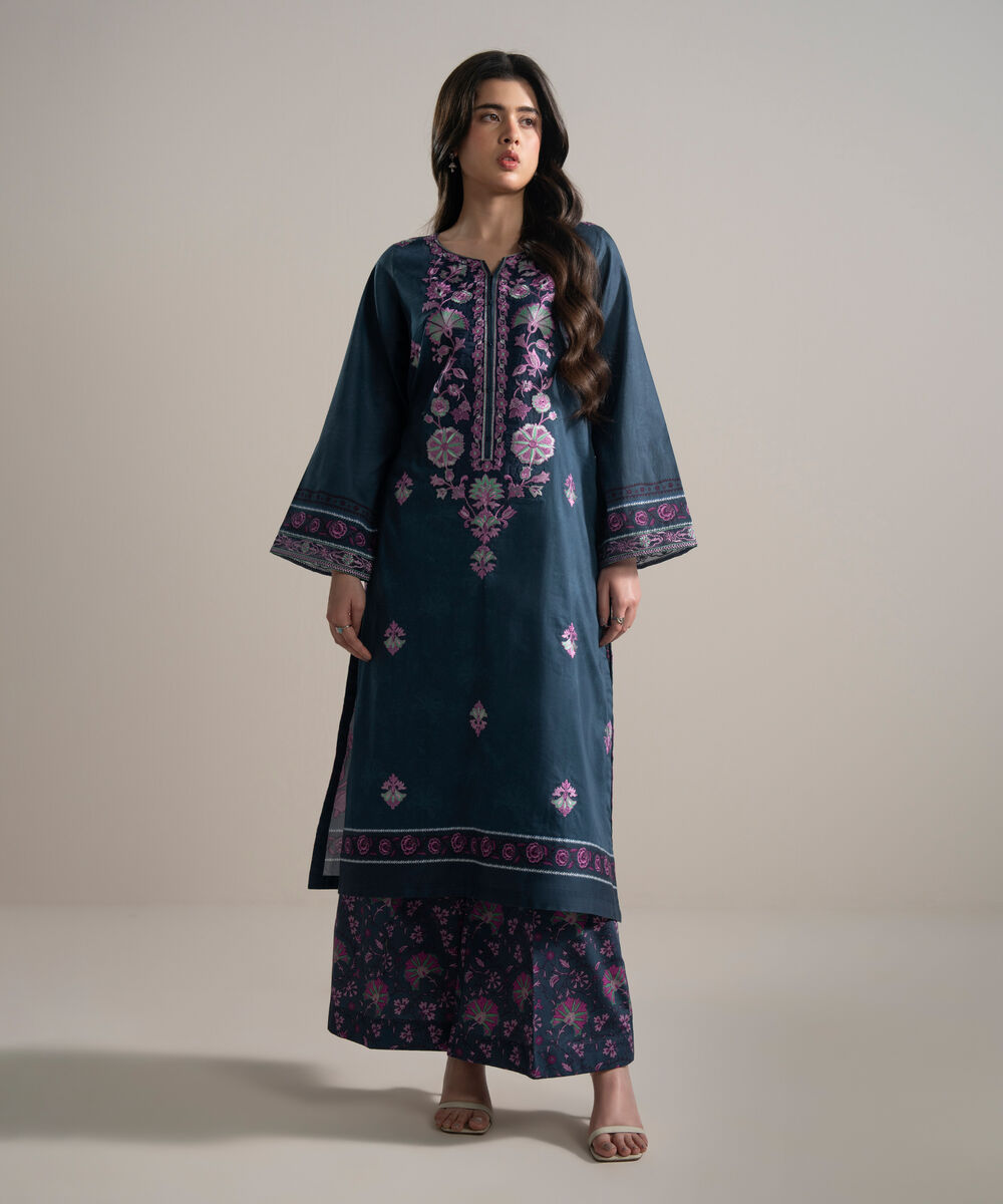 Women's RTW Cotton Satin Embroidered Blue A-Line Shirt