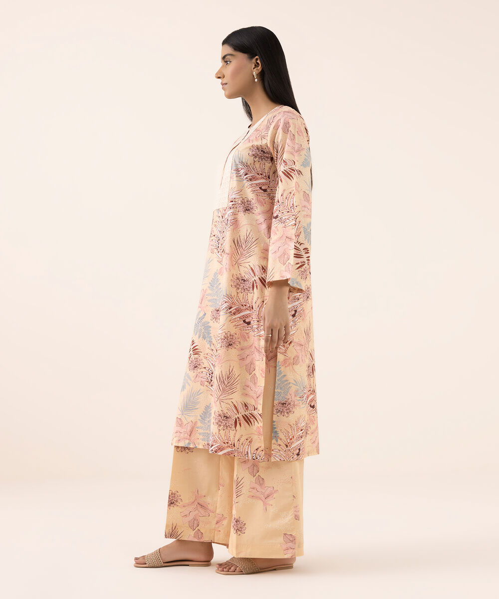 Women's RTW Texured Lawn Peach Printed Aline Shirt