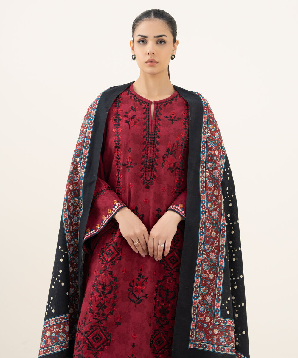 Women's Unstitched Embroidered Cotton Jacquard Red 3 Piece Suit