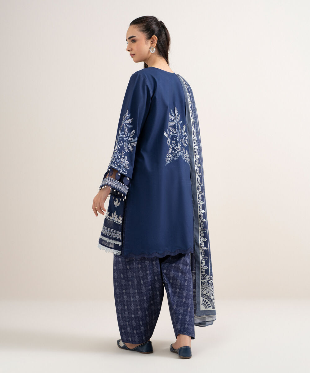Women's Unstitched Cotton Embroidered Blue 3 Piece Suit