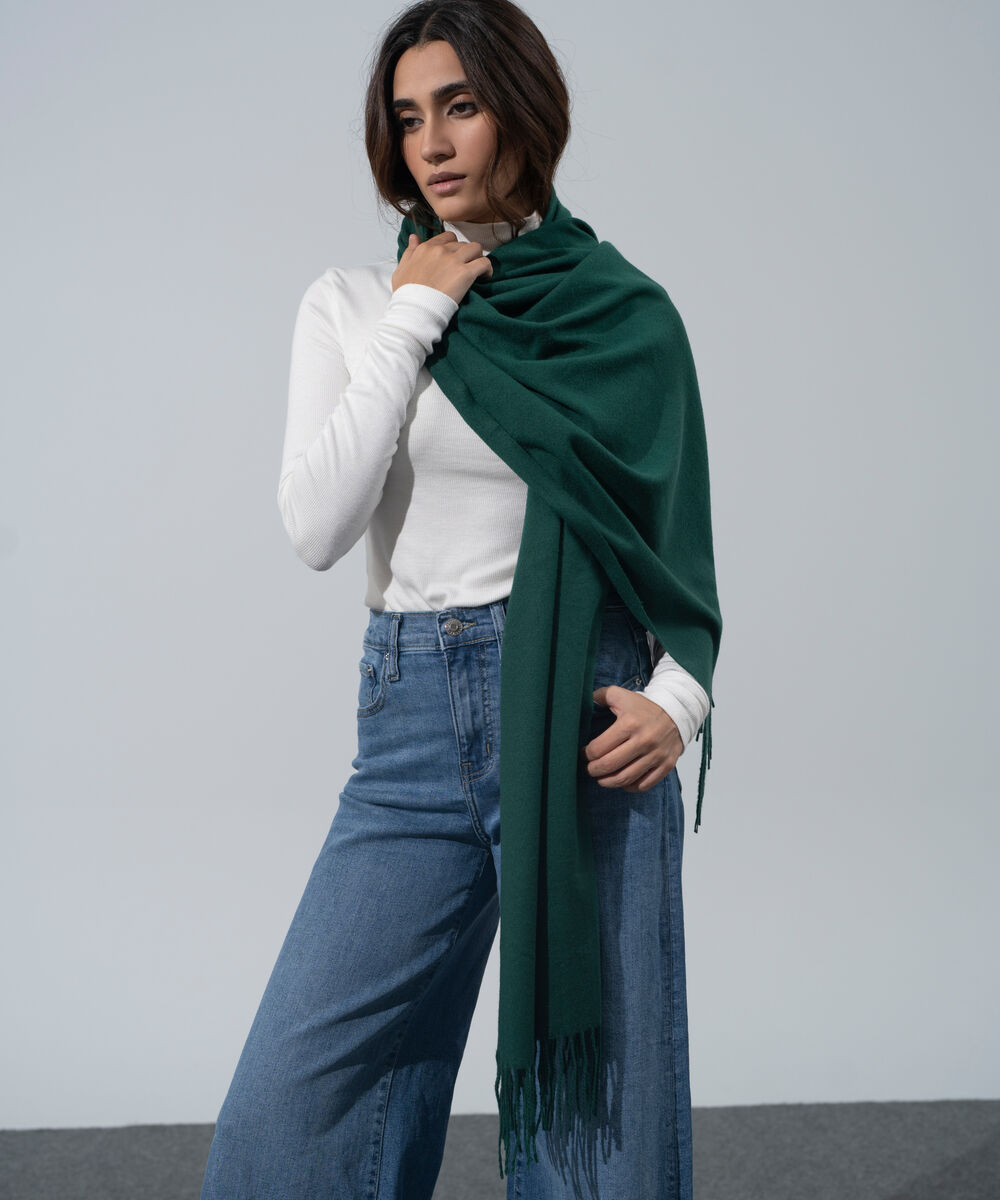 Women's Western Wear Forest Green Polyester Solid Woolen Scarf