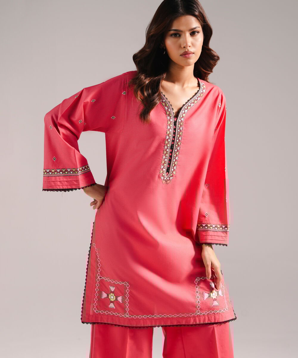 Women's RTW Zari Lawn Embroidered Coral Red Straight Shirt