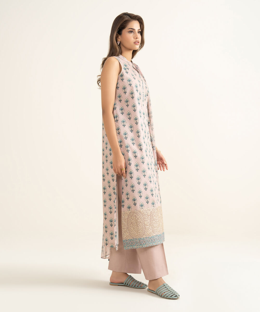 Women's Unstitched Lawn Embroidered Pink 3 Piece Suit