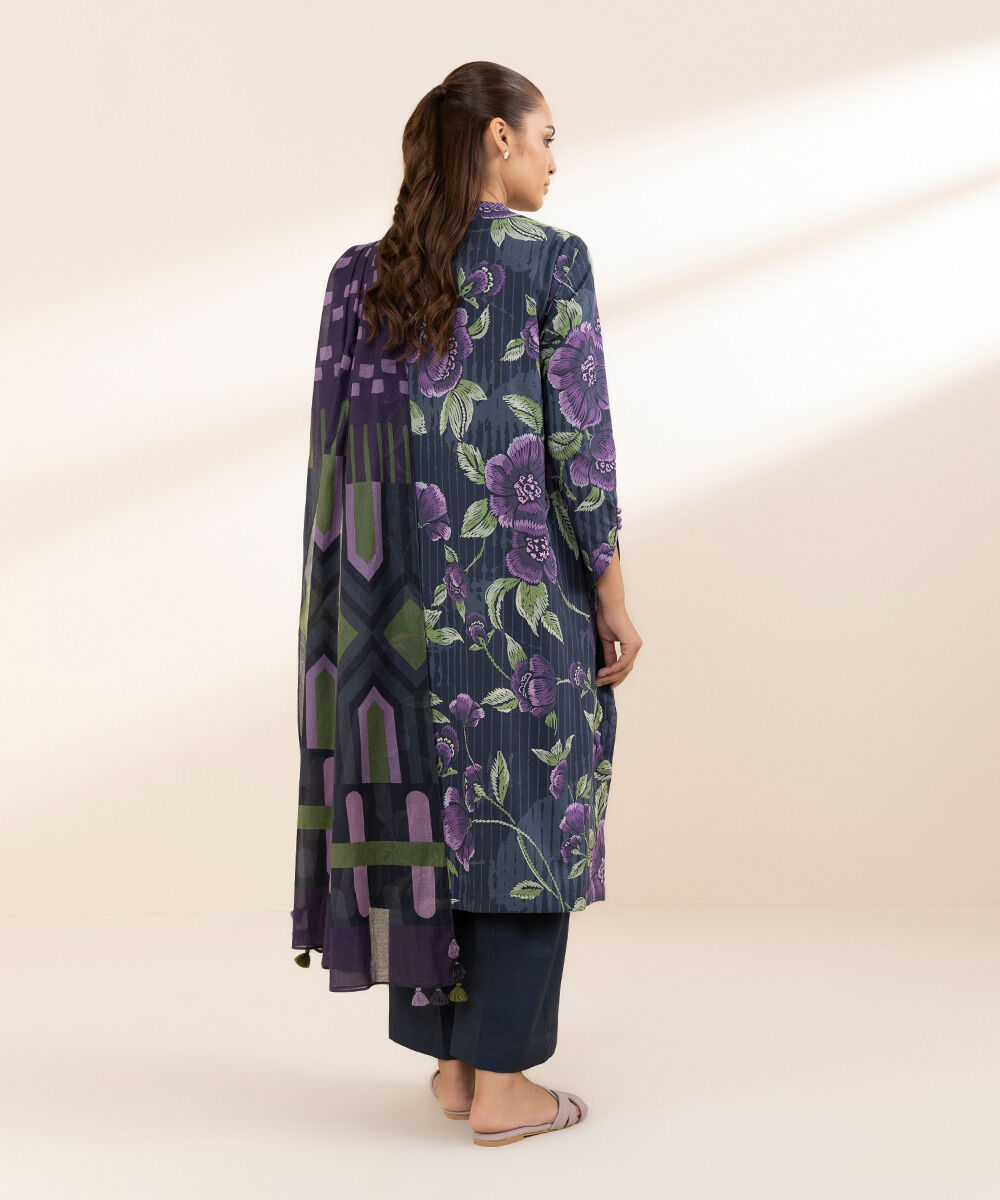 Women's Unstitched Printed Lawn Black & Purple 3 Piece Suit