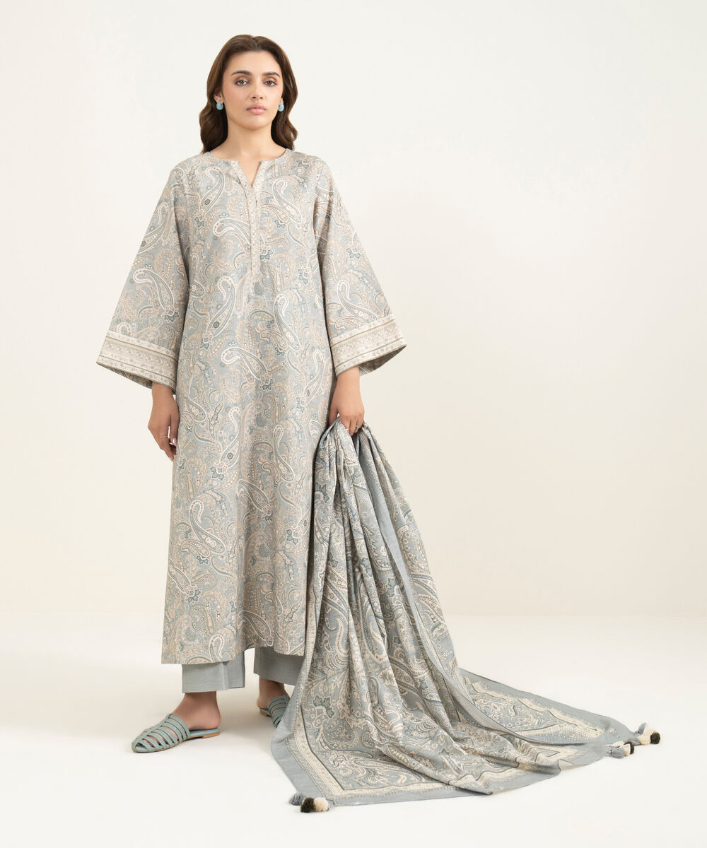 Women's Three Piece Grey Khaddar Printed Suit