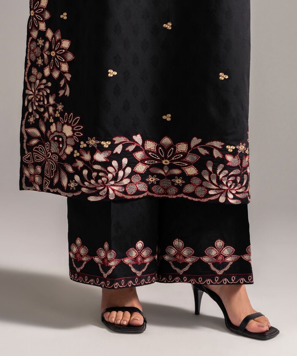 Women's RTW Self Jacquard Embroidered Black 3 Piece Suit