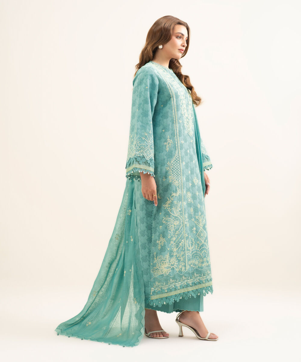 Women's Unstitched Cotton Jacquard Embroidered Blue 3 Piece Suit