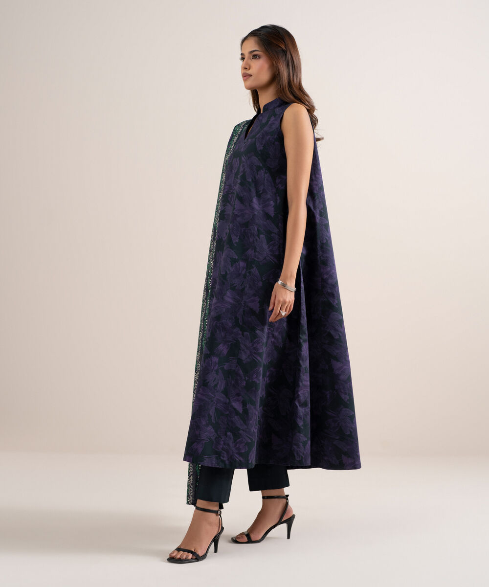 Women's Unstitched Lawn Printed Black and Purple 3 Piece Suit