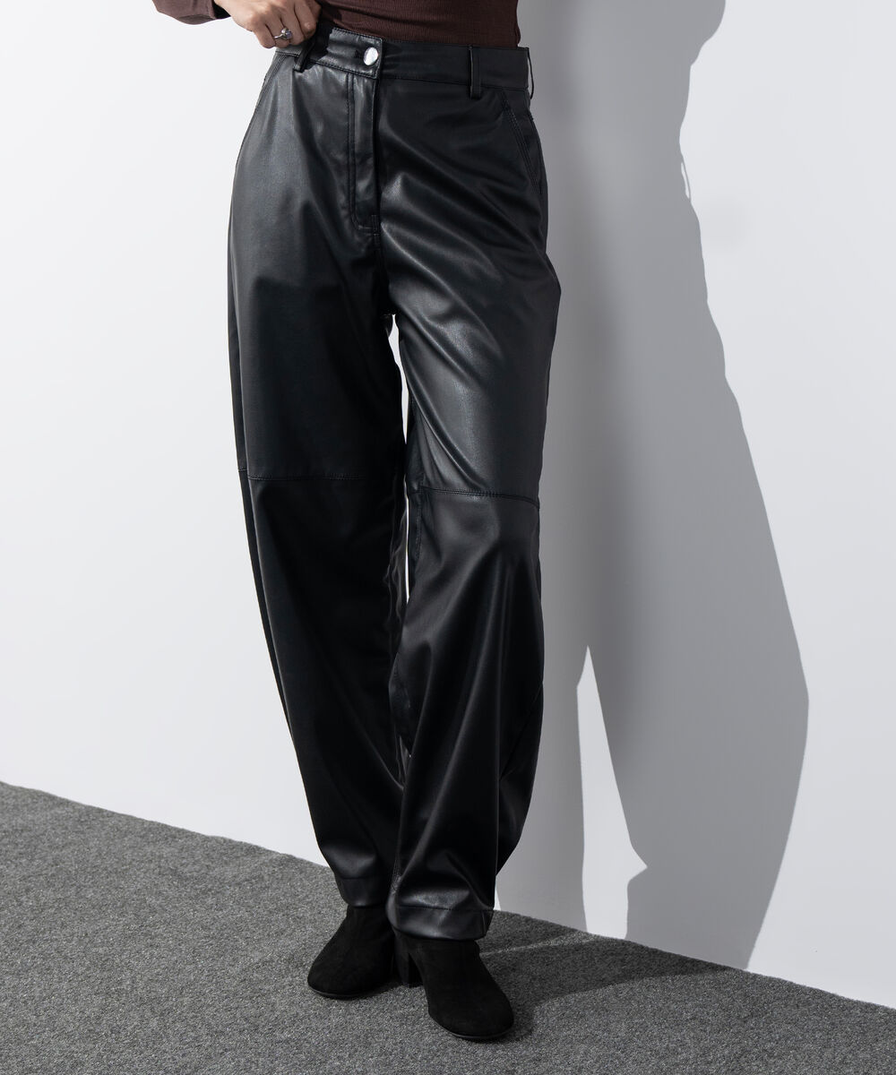 Women's Western Wear Black Faux Leather Barrel-Fit Trousers