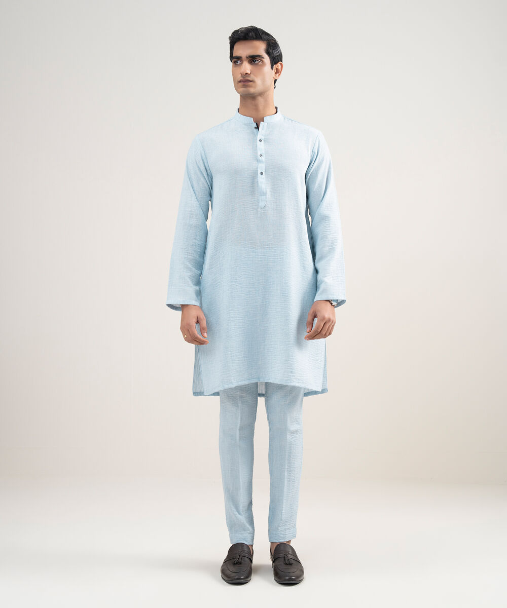 Men's Stitched Blended Linen Sky Blue Suit