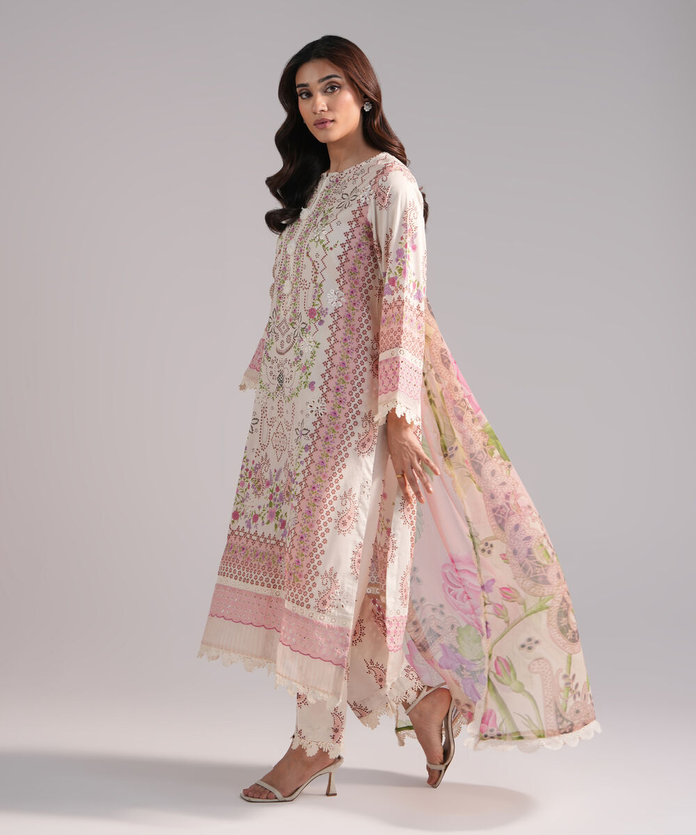 Women's RTW Lawn Embroidered Off White 3 Piece Suit