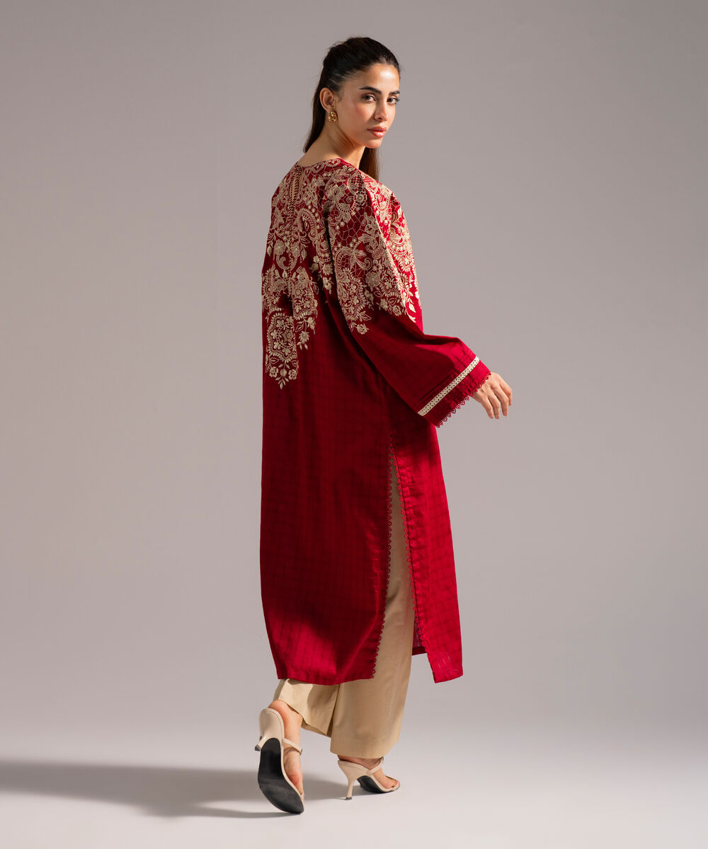 Women's RTW Dobby Embroidered Straight Red Shirt