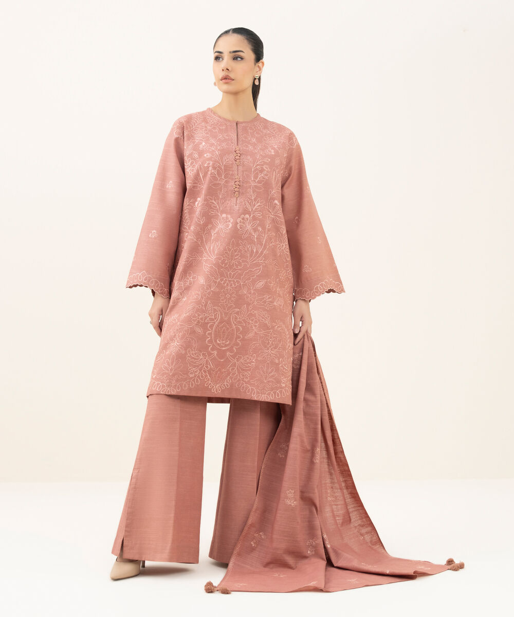 Women's Unstitched Embroidered Khaddar Tea Pink 3 Piece Suit