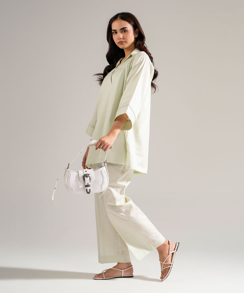 Women's RTW Cotton Linen Solid Mint Green 2 Piece Suit