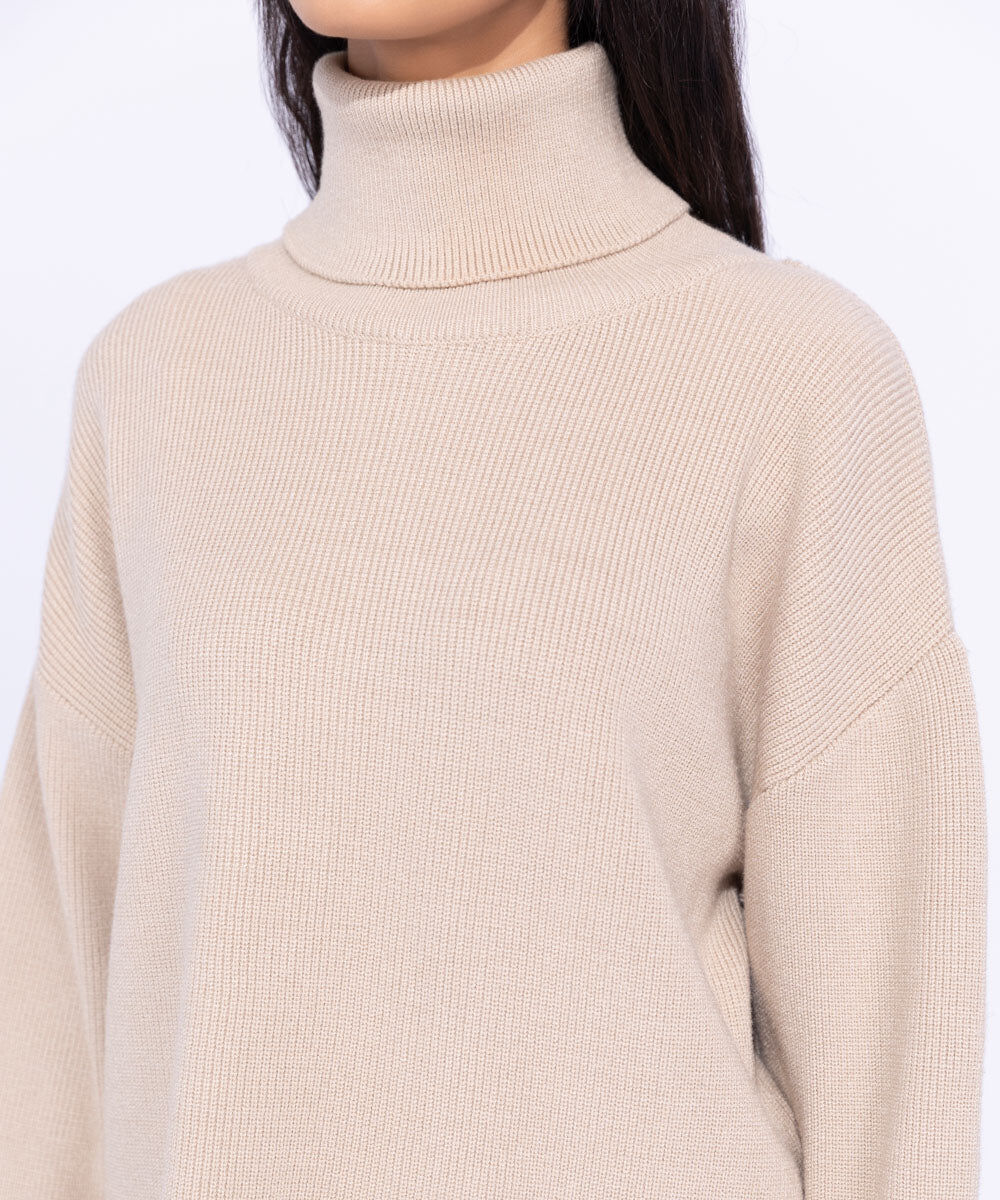 Woman - Beige Ribbed Turtle Neck Sweater