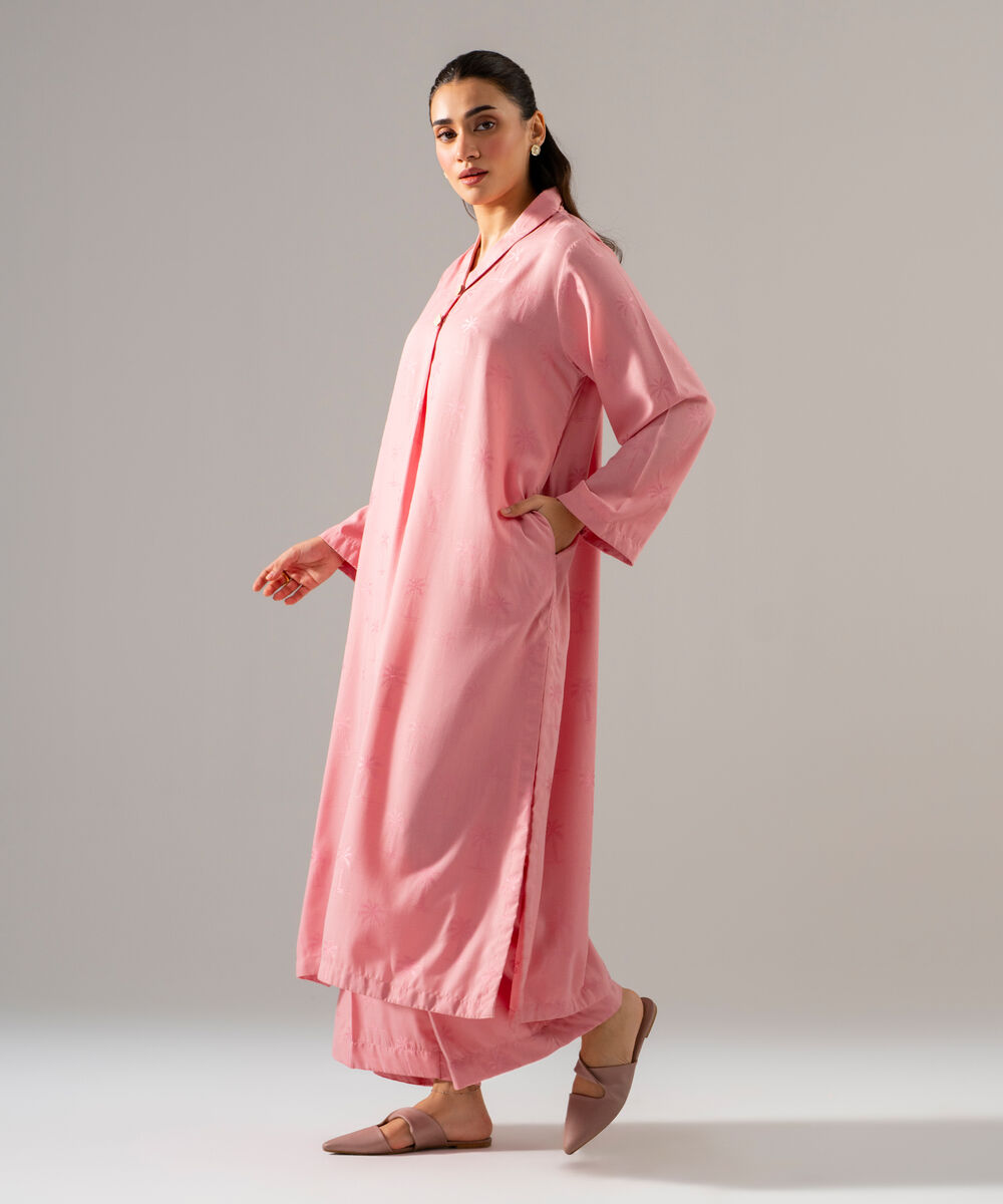 Women's RTW Poly Viscose Jacquard Solid Pink 2 Piece Suit