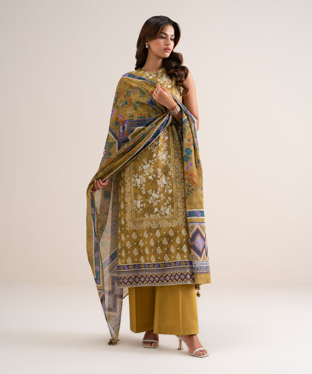 Women's Unstitched Printed Lawn Mustard 3 Piece Suit