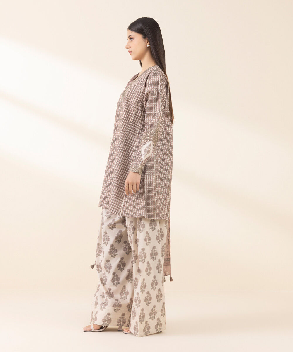 Unstitched Women's Embroidered Lawn Brown Three Piece Suit