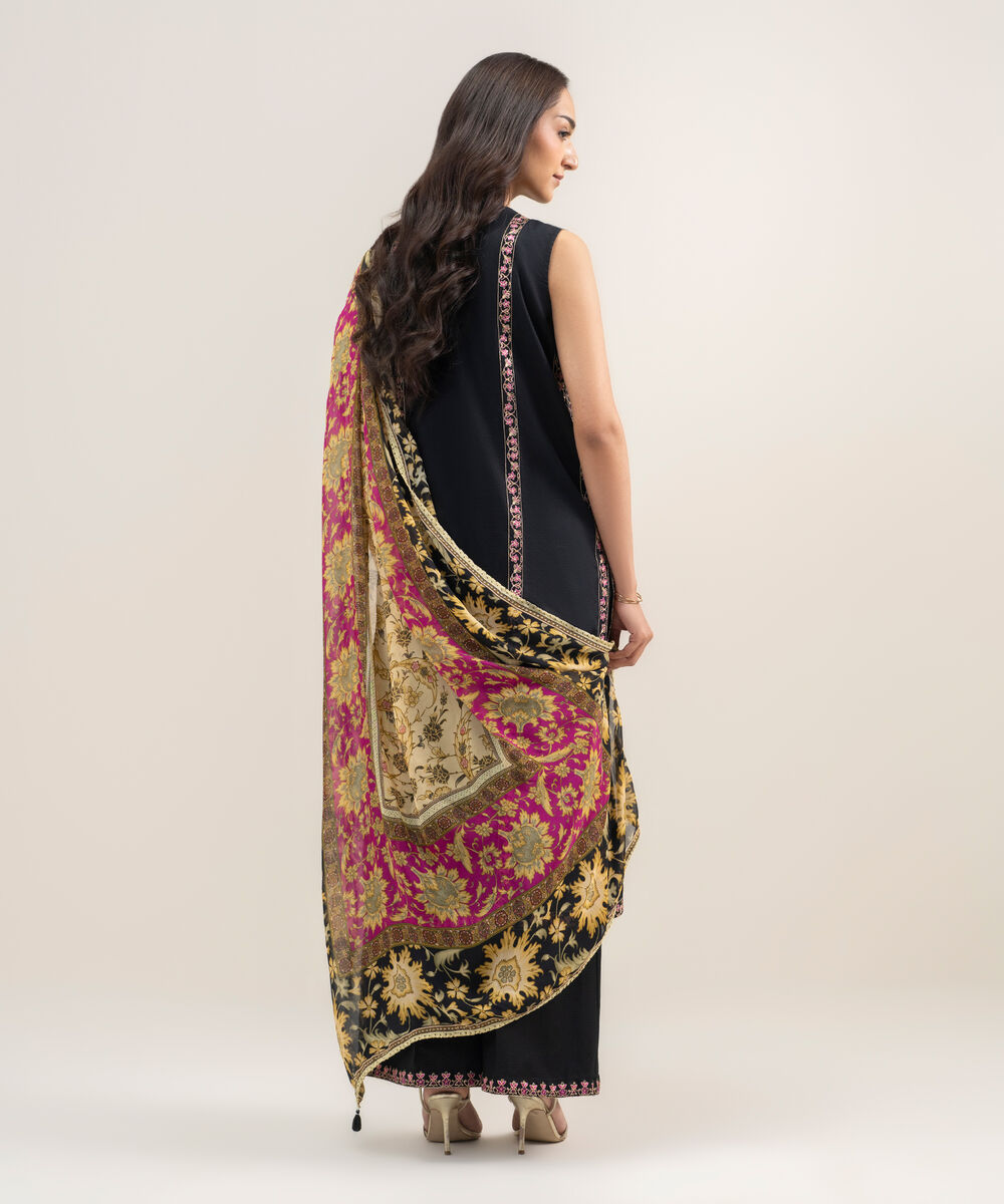 Women's RTW Dobby Embroidered Black 3 Piece Suit