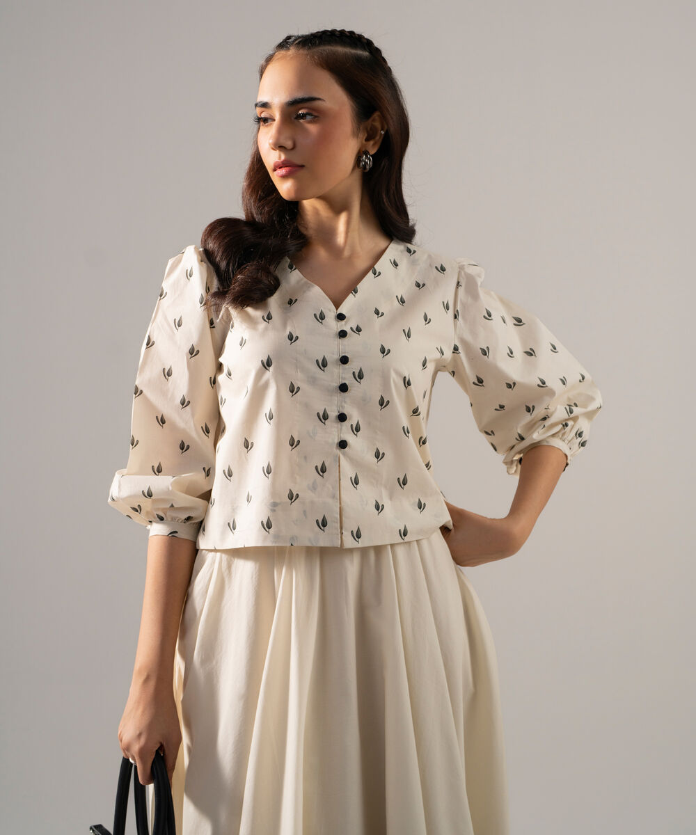 Women's RTW Poplin Printed Off White Top