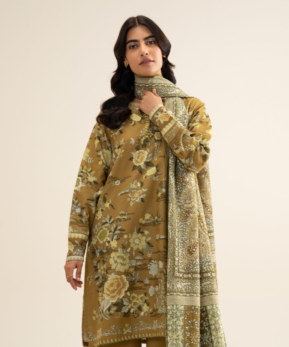 Women's Unstitched Premium Khaddar Printed Olive Green 3 Piece Suit