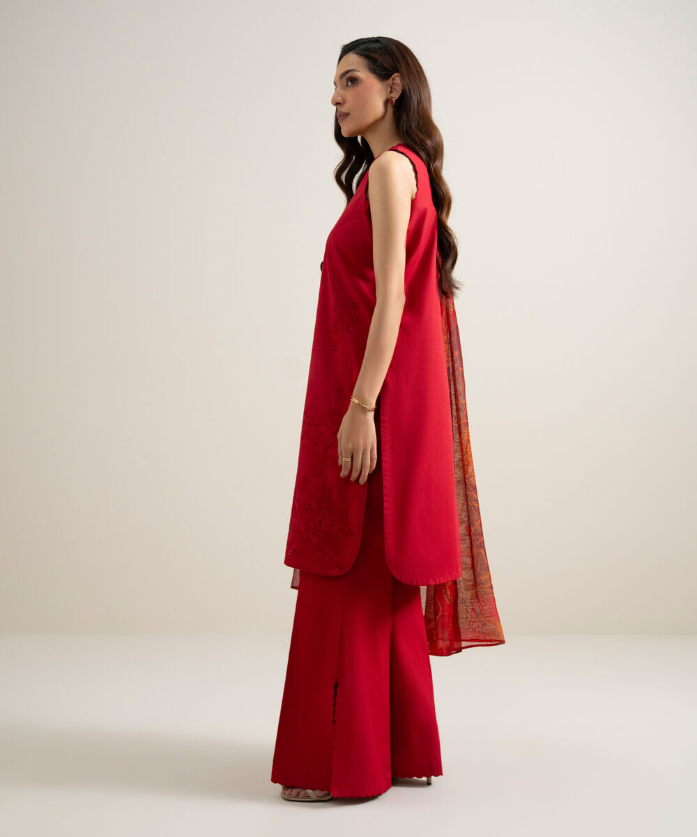 Women's Unstitched Slub Lawn Embroidered Red 3 Piece Suit