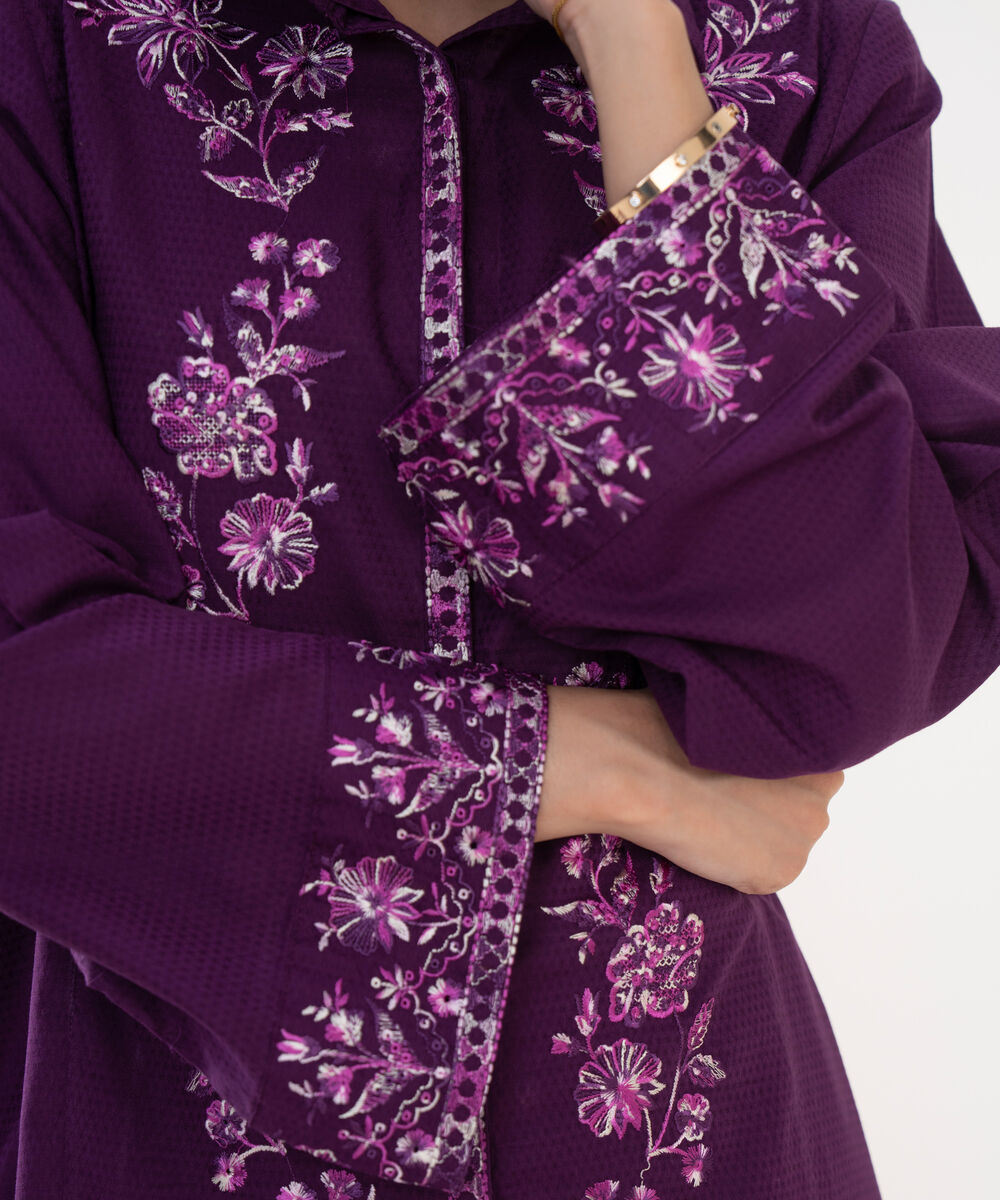Women's RTW Textured Lawn Purple Embroidered Boxy Shirt
