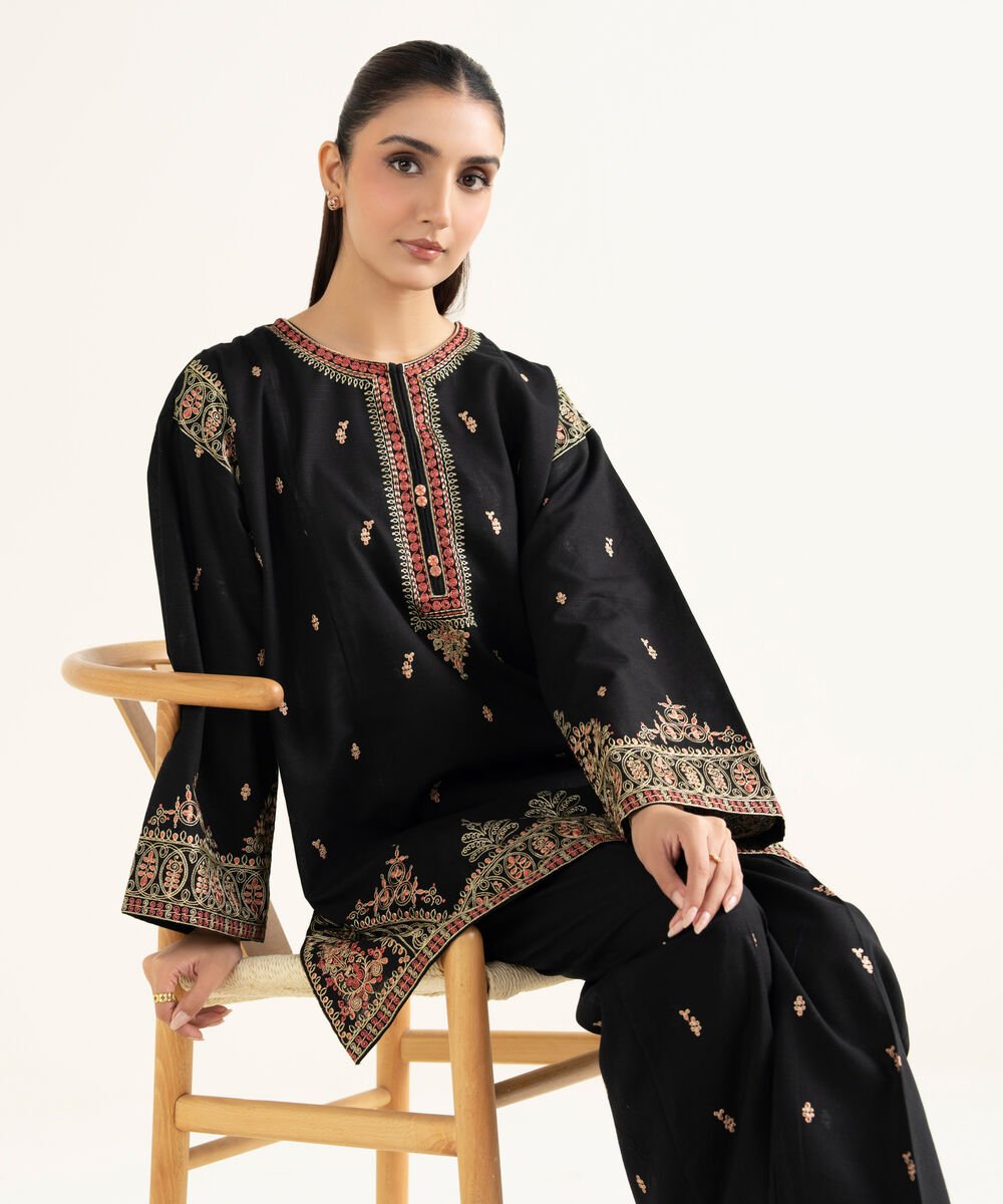 Women's RTW Khaddar Embroidered Black Straight Shirt
