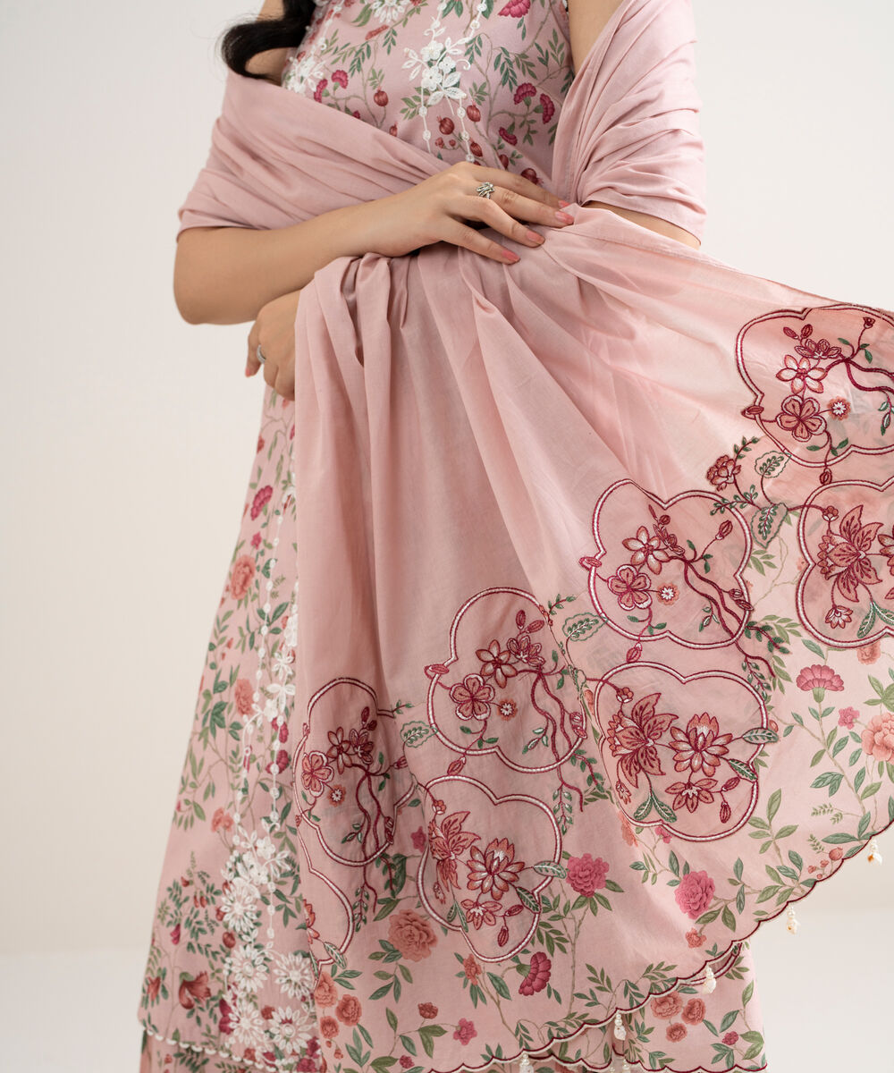 Women's Unstitched Lawn Embroidered Pink 3 Piece Suit