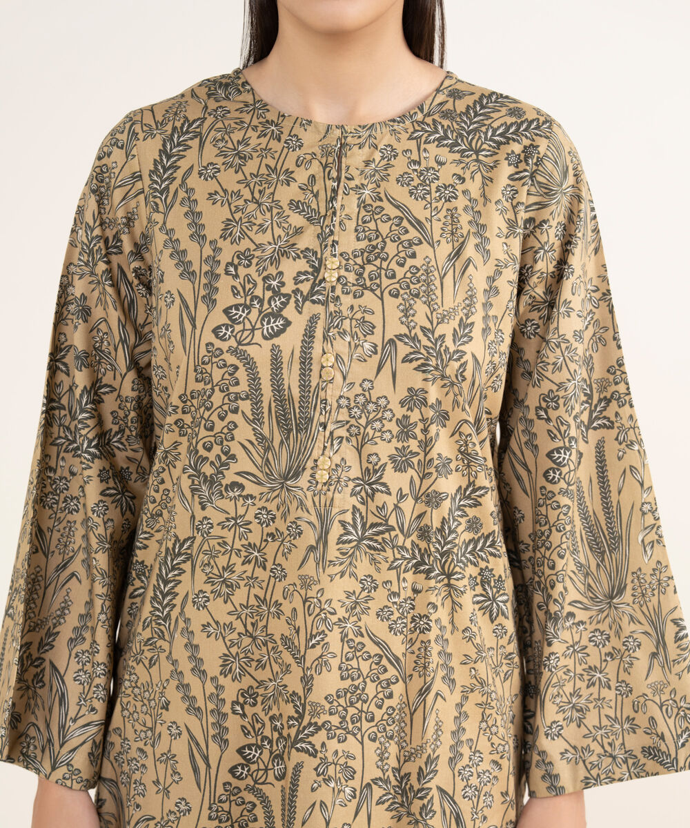 Women's RTW Viscose Lawn Beige Printed Straight Shirt