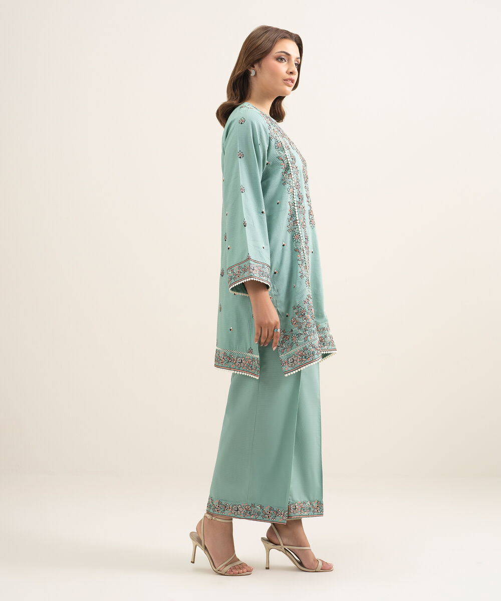Women's RTW Dobby Embroidered Green A-Line Shirt