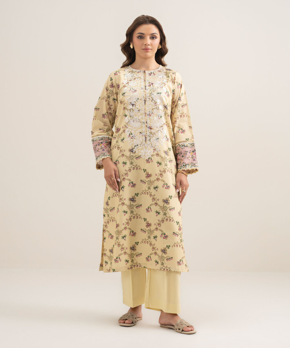 Women's RTW Lawn Embroidered Pale Yellow A-Line Shirt