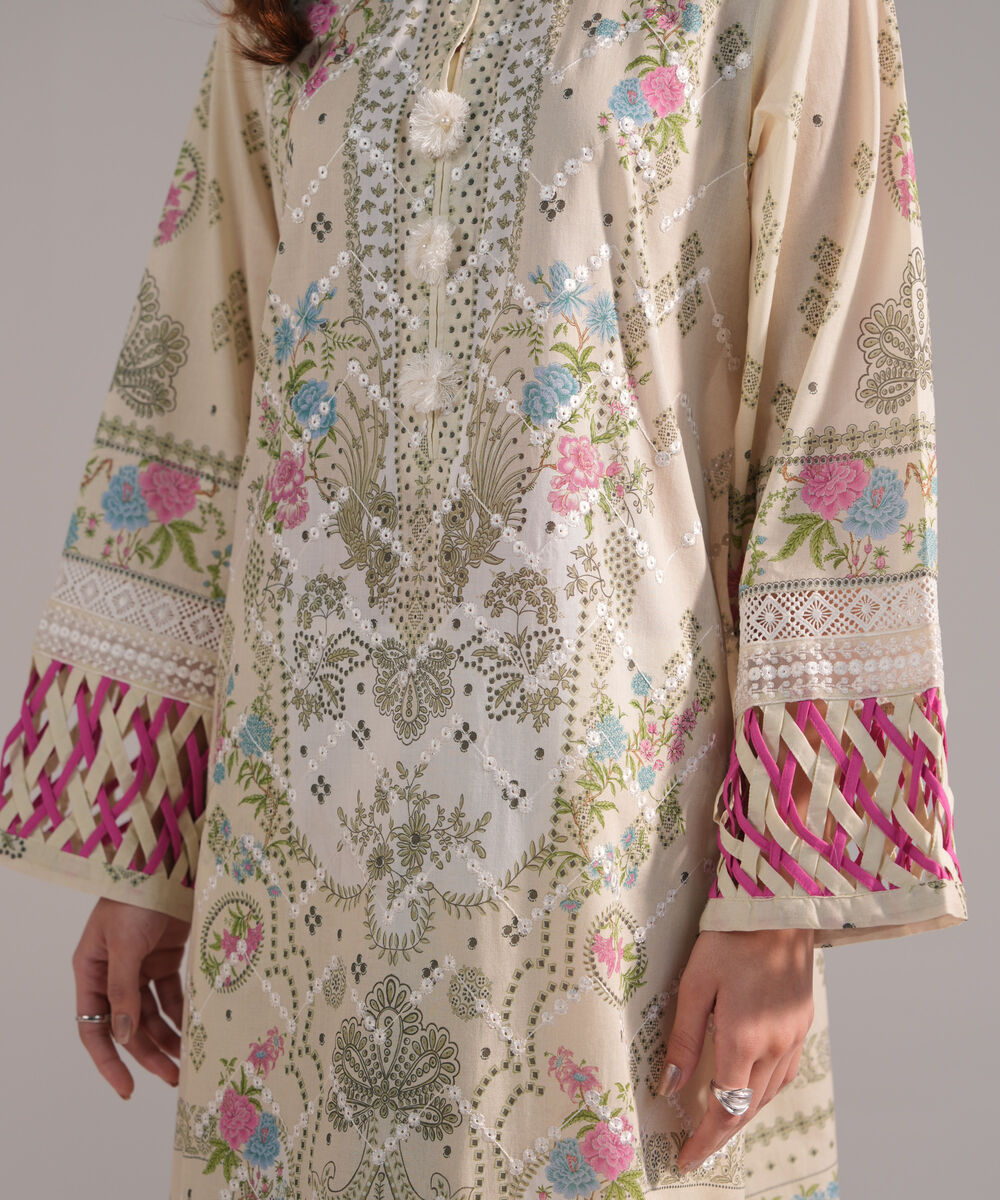 Women's RTW Lawn Embroidered Light Green A-Line Shirt