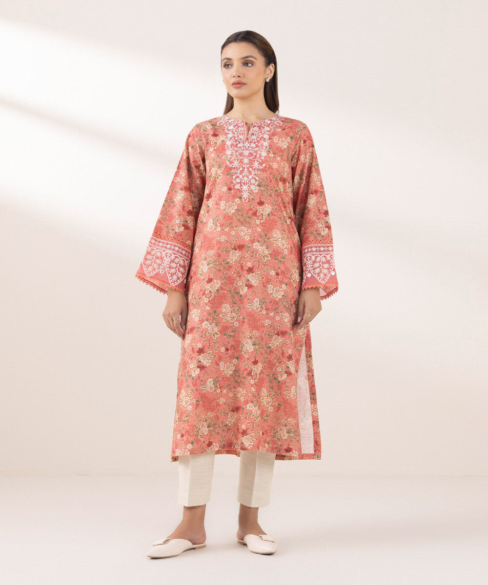 Woman - Pink Embroidered Zari Khaddar Shirt