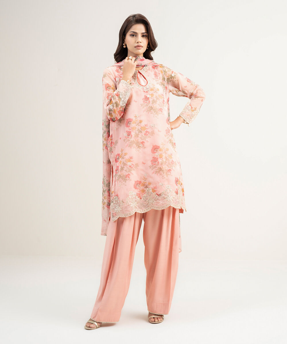 Women's RTW Blended Organza Embroidered Pink 3 Piece Suit